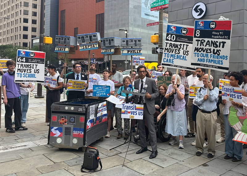 State Sen. Nikil Saval speaks at a June 26 rally for transit funding outside of the Independence Hall subway stop in Philadelphia. (Photo by Daniel Perrin/Inside Climate News)