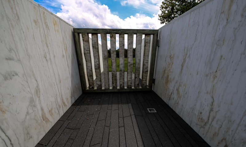 The Ceremonial Gate -- made of wood from hemlock trees -- at the Flight 93 National Memorial separates the Wall of Names from area where United 93 crashed on September 11, 2001. (Photo by Tim Lambert/Pennsylvania Capital-Star)