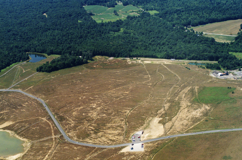 Aerial view of the United Flight 93 crash site and temporary memorial is seen July 26, 2002 near Shanksville, Pennsylvania. (Photo by Roger Kerekes/Getty Images)