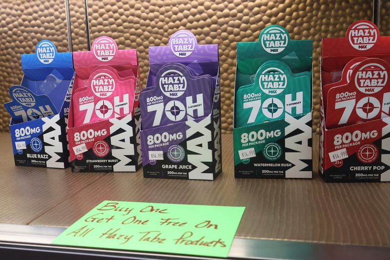 7-OH products, a concentrated synthetic kratom derivative, are displayed at a retail store in Bismarck on Aug. 5, 2026, hours before a state ban took effect. (Photo by Michael Achterling/North Dakota Monitor)
