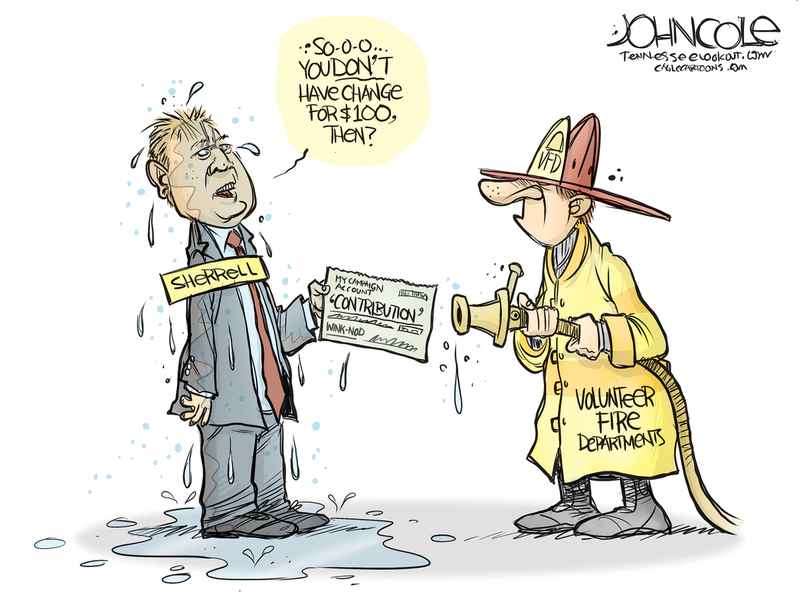Getting soaked: Editorial cartoonist John Cole depicts the investigation of Rep. Paul Sherrell for writing campaign checks to volunteer fire departments--and asking for cash back.