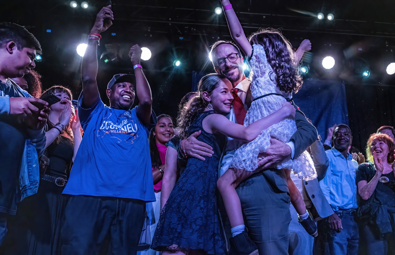 Nashville Mayor-elect Freddie O'Connell surrounded by his daughters at his victory party on Sept. 14, 2023. (Photo: John Partipilo)