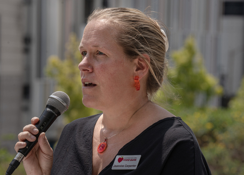 Jeannine Carpenter, chief communications officer for the Chattanooga Area Food Bank, addressing food instability that could arise from federal funding cuts at a June 3 press conference in Nashville. (Photo: John Partipilo/Tennessee Lookout)