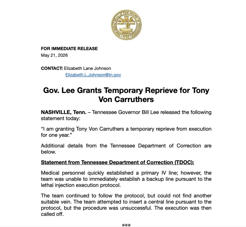 Tennessee governor gives reprieve to inmate after botched execution&nbsp;