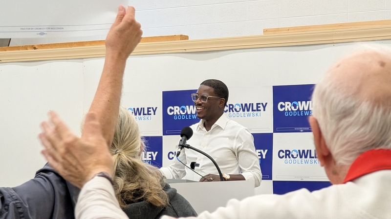 Democratic candidate David Crowley campaigns in Beloit with Maryland Gov. Wes Moore